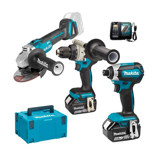 Masini de gaurit si insurubat, bormasini - Set 3 masini Makita DLX3155TJ compus din DDF486, DTD153, DGA504, 2 acumulatori 18 V / 5.0 Ah, cutie Makpac 3 - belgarden.ro